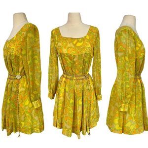 Killer Vintage 1960s 1970s Neon Psychedelic Pleated Soho Gogo Mini Dress
